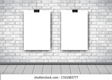 Flat Interior with two empty white posters on gray brick wall. Trendy loft room scenery background, fashion gallery exhibition interior. Vector Illustration for web, poster mockup, exposition.