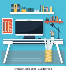 Flat interior vector design. Workspace for freelancer and studio.