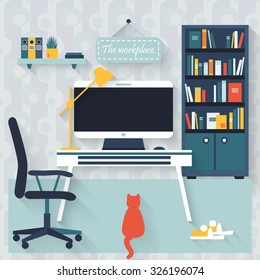 Flat interior vector design. Workspace for freelancer and home work.