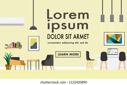 Flat interior view of modern living room in house with laptop on table with copy space on the wall for text