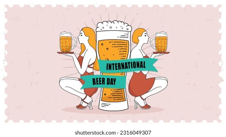 Flat International beer day banner with two beautiful women