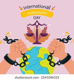 Flat international human rights day illustration with hand in broken handcuff
