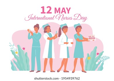 Flat international nurses day card with women in medical attire at work vector illustration