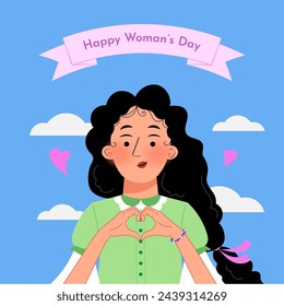 Flat international women's day illustration. A woman making heart sign gesture.
