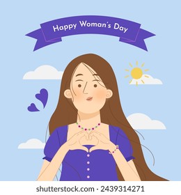 Flat international women's day illustration. A woman making heart sign gesture.