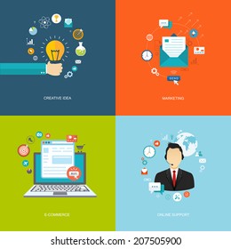 Flat internet banners set. Creative idea, marketing, e-commerce, online support illustrations. Eps10
