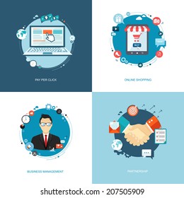 Flat internet banners set. Team management, online shopping, partnership, pay per click illustrations. Eps10