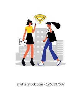 Flat internet concept with wifi signal sign and two people in city vector illustration