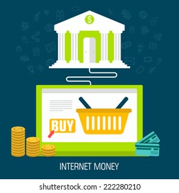 flat internet money on laptop from bank background design concept. Vector illustration 