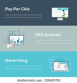 Flat internet web design business concepts vector illustration. Search engine optimization SEO analysis, pay per click ppc and website advertising.