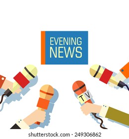 Flat interviewed on television news programs newsmaker background concept. Vector illustration design