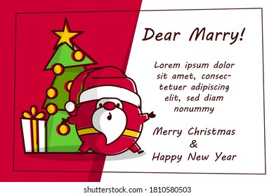 Flat invitation card with Santa logo in line art style. Cute outline cartoon Santa Claus logo. Collection of linear Christmas vector illustration fir tree.