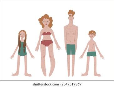 Familia irlandesa plana: hombre, mujer y niños en ropa interior retratos de diferentes Formas y tamaños de Ilustración vectorial. Personas de piel pecosa pálida con pelo de jengibre en estilo de dibujos animados