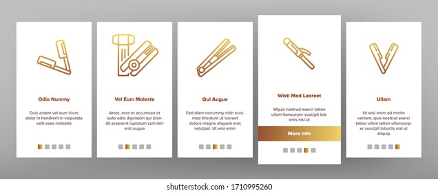 Flat Iron Equipment Onboarding Icons Set Vector. Flat Iron Hairdresser Device, Appliance For Beauty Hair, Woman Make Coiffure With Tool Illustrations