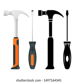 Flat iron hammer icons isolated on a white background. A modern claw hammer.