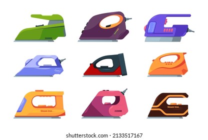 Flat irons collection. Housewife steam electricity tools for cleaning iron garish vector pictures set