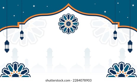 flat islamic background in blue and orange color with lantern, mandala and space for text