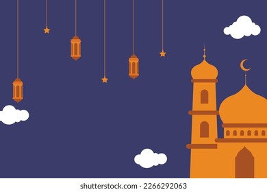 Flat Islamic Background design template for ramadan, eid alfitr, isra mi’raj, and islamic new year with mosque, Lantern, moon, and star.