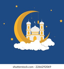 Flat Islamic Background design template for ramadan, eid alfitr, isra mi’raj, and islamic new year with mosque, Lantern, moon, and star.