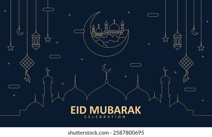 Flat islamic celebration eid al fitr with crescent moon and mosque and ornament hanging line art style design illustration