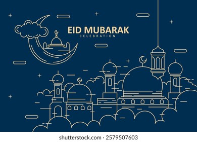 Flat islamic celebration eid mubarak with mosque and crescent moon line art design illustration