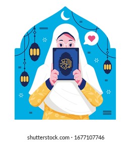 flat islamic character holding quran illustration