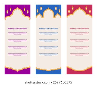 Flat Islamic vertical banner template set isolated on white. Islamic banner template collection with flat and minimalist design