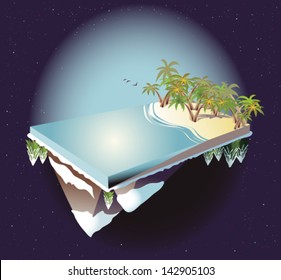 a flat island floating in space with summer and winter sides 