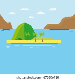 Flat island with palm tree and mountains in the middle with sea and waves as a vacation