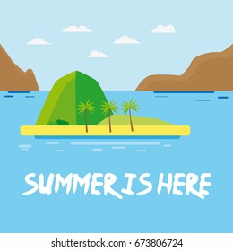 Flat island with palm tree and mountains in the middle with summer is here