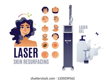 Flat isolated acne keratosis extremely dry skin, rashes reasons see dermatologist vector skin problem young girl icon and laser skin resurfacing, girl after removal of color tattoos by laser apparatus