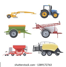 Flat isolated agricultural machine set Blue tractor mower spreader sprayer seeder and square baler