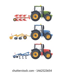 Flat isolated agricultural machine set. Tractors plow harrow cultivator