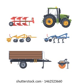 Flat isolated agricultural machine set. Tractor plow harrow cultivator trailer compactor