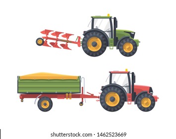 Flat isolated agricultural machine set. Tractor with plow and tractor with trailer