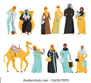 Flat and isolated arabs icon set women in hijab and arabic men with camel vector illustration
