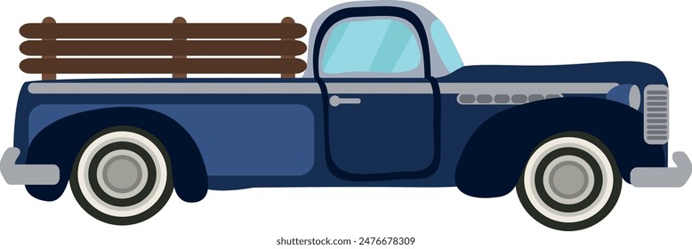 Flat isolated blue retro car. Cartoon vintage car illustration vector.