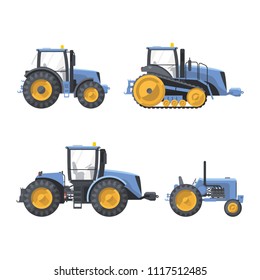 Flat isolated blue tractors set