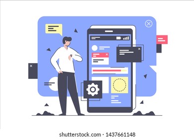 Flat isolated businessman develop and creating new application. Concept man character with mobile phone project deadline for business. Vector illustration.