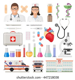 Flat isolated and colored medicine icon set with employees of medical institutions and their tools necessary to work and caring for people with vector illustration