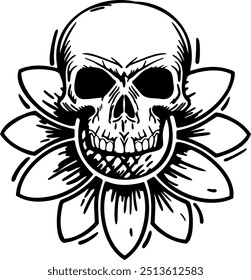 Flat isolated creepy skull sunflower. Halloween skull illustration vector.