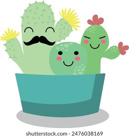 Flat isolated cute cacti. Cartoon cacti illustration vector.