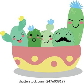 Flat isolated cute cacti. Cartoon cacti illustration vector.