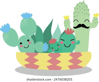 Flat isolated cute cacti. Cartoon cacti illustration vector.