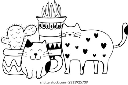 Un gato y un cactus lindos y aislados. Vector de ilustración de gatos de dibujos animados.