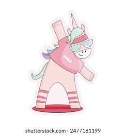 the flat isolated cute kawaii unicorn in pink t-shirt making yoga pose 