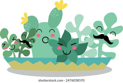 Flat isolated cute succulents. Cartoon succulents illustration vector.