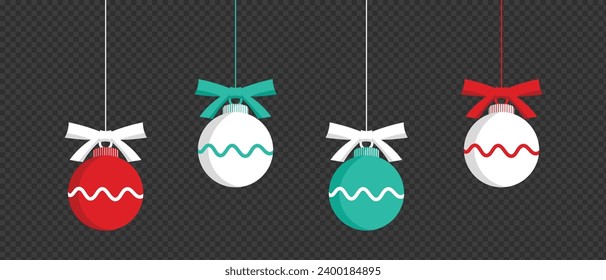 Flat Isolated Decorative Hanging Christmas baubles Isolated on Transparent Background. Flat Style Red Green and White Christmas Tree Balls Frame Template Ribbon Bows New Year and Holiday decorations