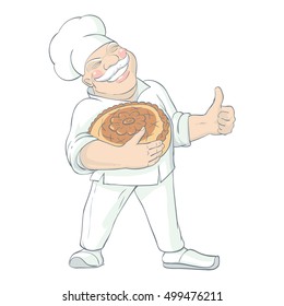 Flat isolated drawn image of cheerful baker character in white uniform with hat bread and thumbs up vector illustration