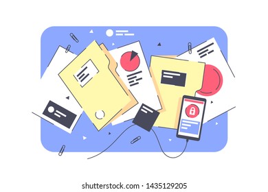 Flat isolated folders, documents with project and graph. Concept paper works with support mobile phone, office equipment for job. Vector illustration.